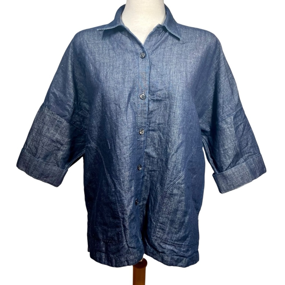 Lafayette 148 New York Linen Dark Blue Indigo Shirt Jacket Pockets Women's P/S
